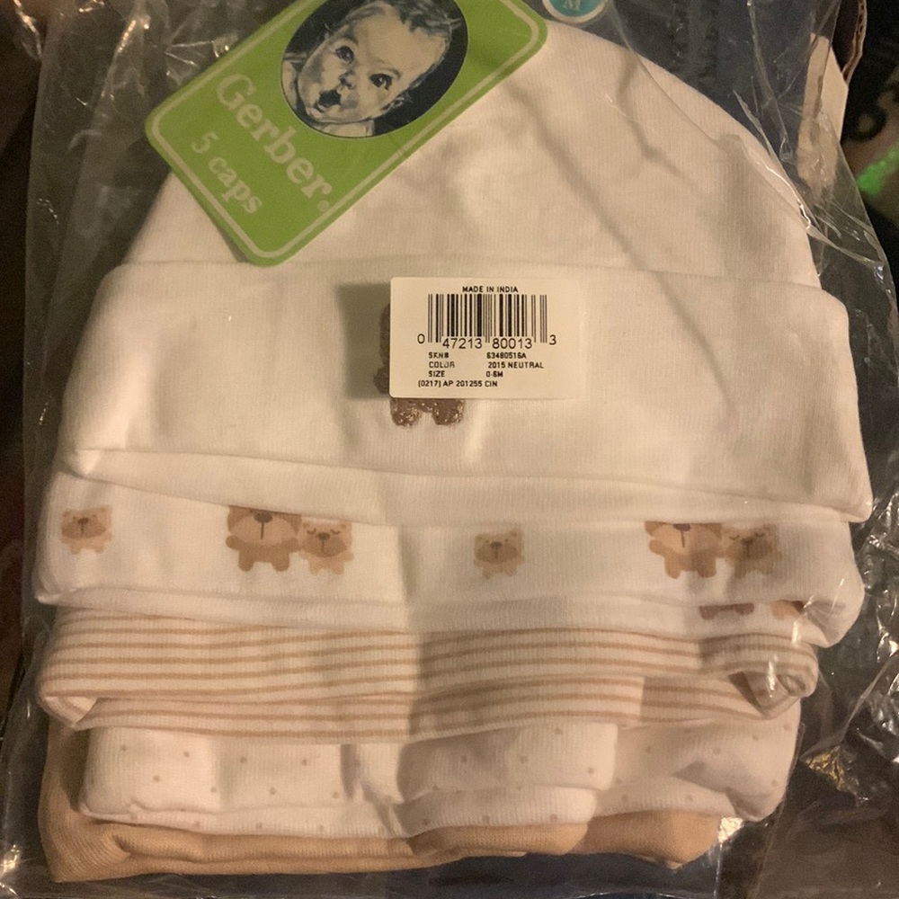 NEW 5 for $10 Gerber newborn caps - Teddy Bear/neutral colors, in sealed bag
